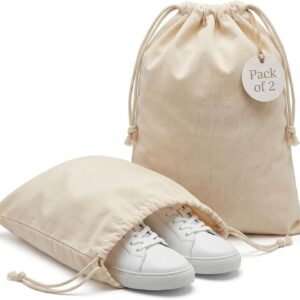 Cotton Shoe Bags with Drawstring | Dustproof, Washable Travel Shoe Pouch | Natural Canvas Organizer for Men & Women | Fits Sneakers, Sandals, Slippers | 14” x 17” (Pack of 2)
