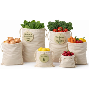 100% Reusable Cotton Produce & Bread Storage Bags, Pack of 6 (2 L, 2 M, 2 S), Breathable Muslin, Vegetable, Fruit Bags with Drawstring | Eco-Friendly Fridge & Kitchen Storage | Reusable, Eco-Friendly | Pure Cotton Material, Breathable Material, Reusable, Drawstring Closure, Eco-Friendly